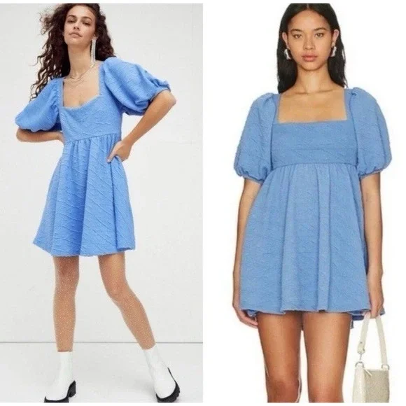 Free People Blue Puff Sleeve Textured Mini  Dress Size S Tie Back Babydoll