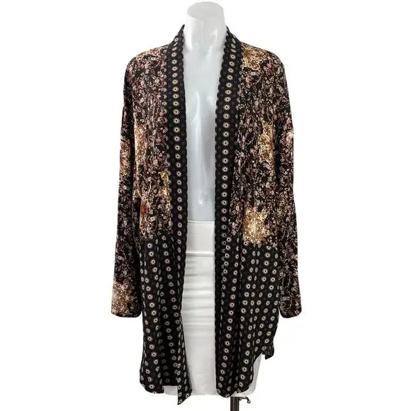 Free People Forget Me Knot Black Long Sleeve Open Boho Kimono Cardigan Size L