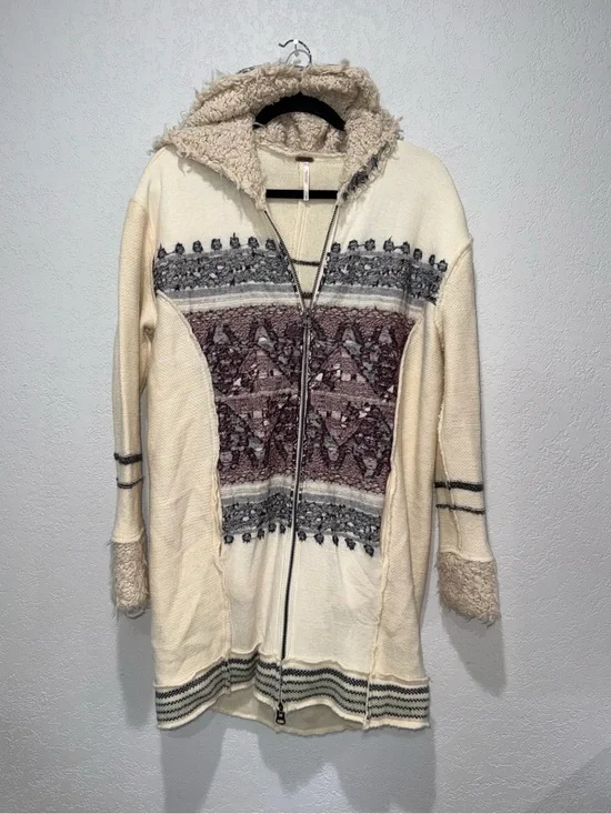 Free People Cream Hooded Zip Nordic Jacket