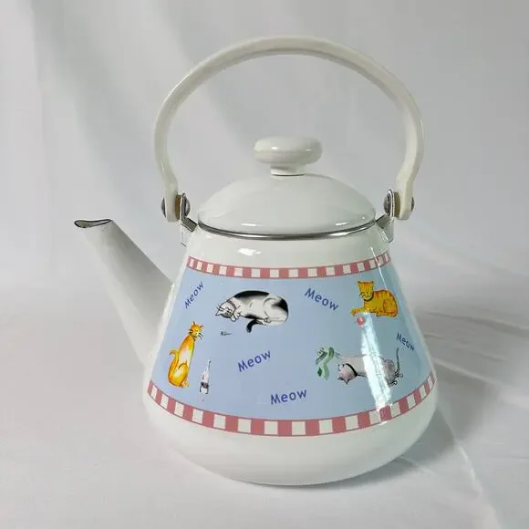 Vintage 80s Kitsch Whimsical Cat Enamel Kettle