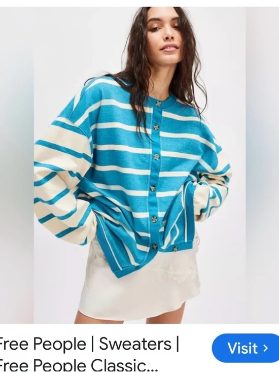 Free People Turquoise & Cream Striped Button Cardigan