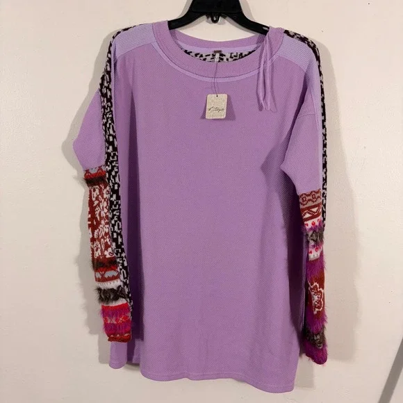 Free People Snow Day Waffle Top Womens S Petal Purple NWT Mixed Media Thermal