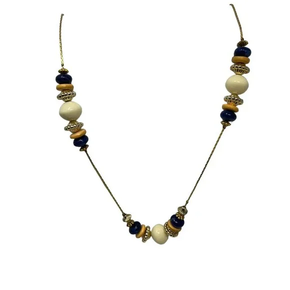 Beaded‎ Necklace Gold Tone Chain Blue White Blue Yellow Beads