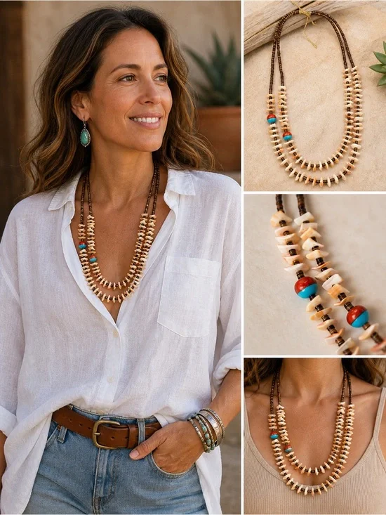 SANTO DOMINGO KEWA OLIVE SHELL SPINY OYSTER TURQUOISE CORAL 2 STRAND NECKLACE