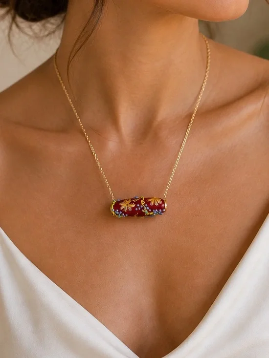 Venetian Murano Style Lampwork Glass Pendant Necklace 14K Gold Red Floral 18”
