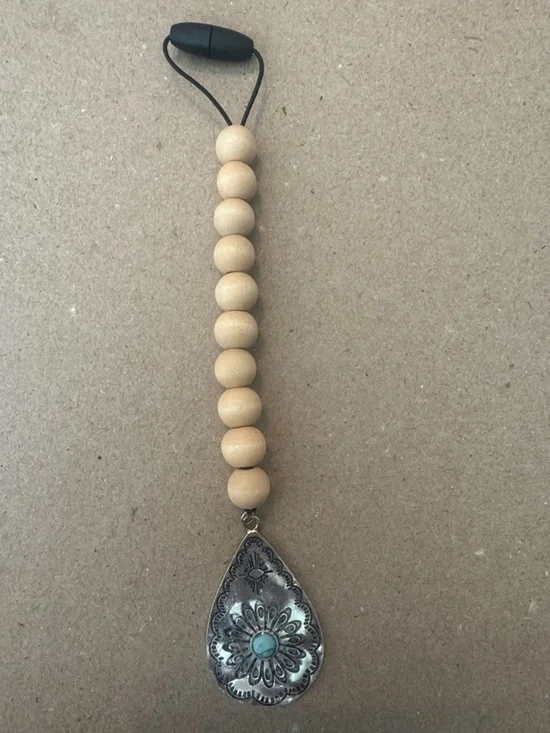 Beaded Wood Strap with Silver - FOR REARVIEW MIRROR