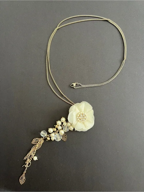 Ivory Floral Pendant Necklace with Pearl and Crystal Accents