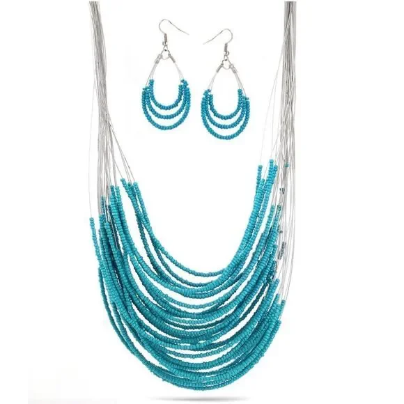 BLUE SEED NECKLACE  AND EARRINGS SET
