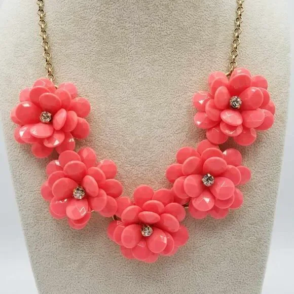 J Crew Coral / Orange Resin Floral Necklace with Crystals