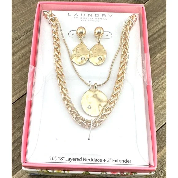 LAUNDRY‎ by SHELLI SEGAL Layered Necklace & Earrings Set Gold Plated NEW