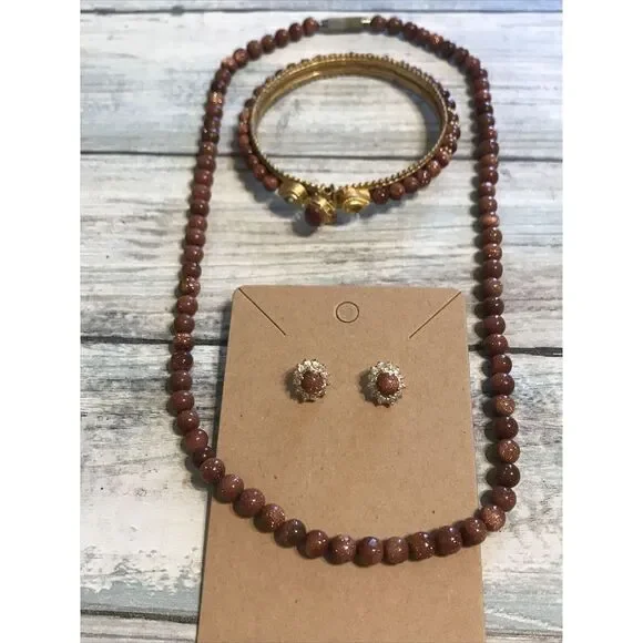 Sparkling Goldstone Necklace Earrings Bracelet Matching set‎ Beads