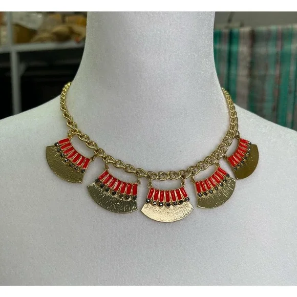 Gold Tone Statement Necklace Red Fan Shape‎ Beaded Bib