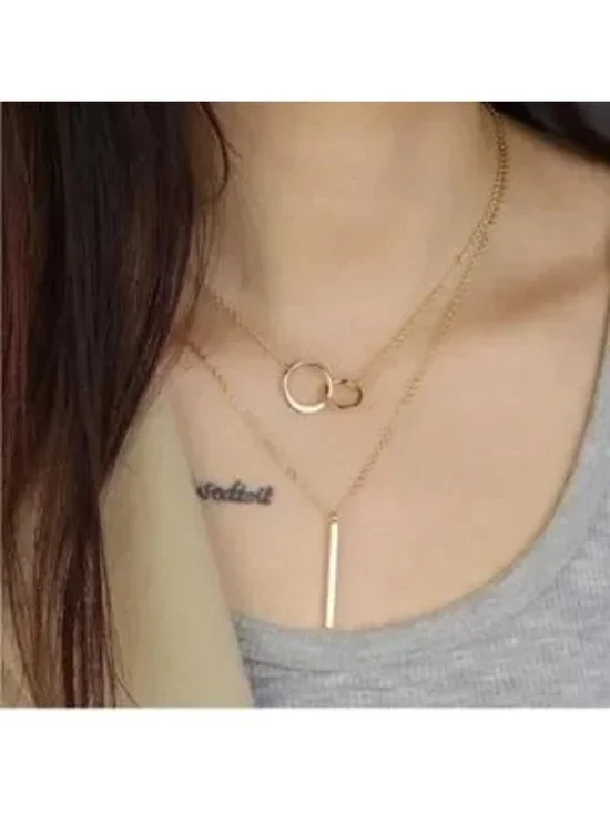 Gold 14k Gold Plated 2pc Bar Linked Hoop Necklace Set