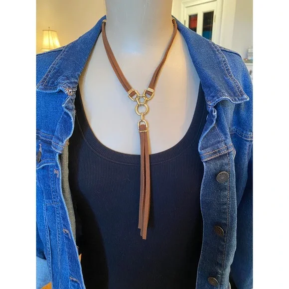 Chicos Brown‎ Faux Suede Gold Tone Tassel Y-Necklace Adjustable Boho Statement