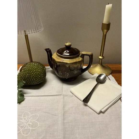 Vintage Japanese Ceramic Teapot Brown Drip Glaze‎ Hand Painted Floral Hexagonal