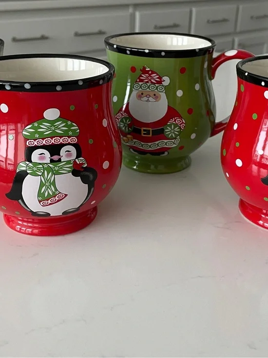 Temptations - Holiday Penguin & Santa Ceramic Mugs - Red & Green Set (4)