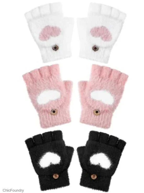 Kids Convertible Flip Top Gloves Fingerless Mittens Warm Faux Mink Fleece 3