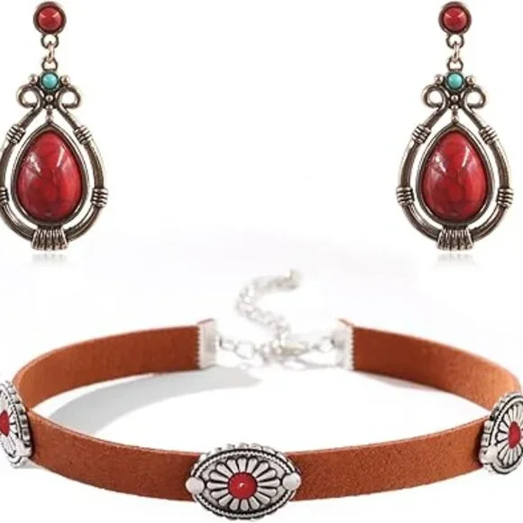 Choker and Matching‎ Earrings Set Boho Bohemian Cowgirl Red