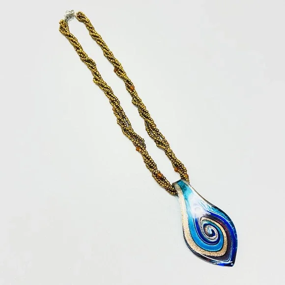 Art Glass Swirl‎ Pendant Necklace Blue Gold Teardrop Beaded Braided Strand