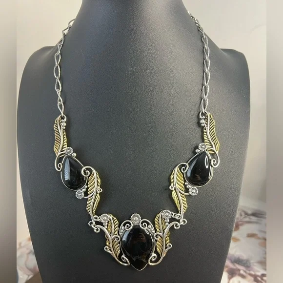 American West Carolyn Pollack Sterling Silver Onyx & Brass Necklace D9
