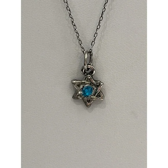 Star of David Necklace Silver Tone Pendant‎ Blue Stone Jewelry