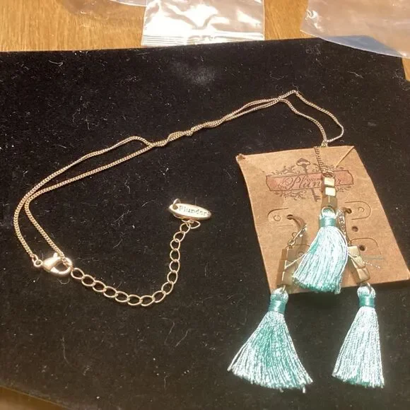Bright Goldtone Bird’s Nest Blue Tassle Earrings and Pendant Necklace Set