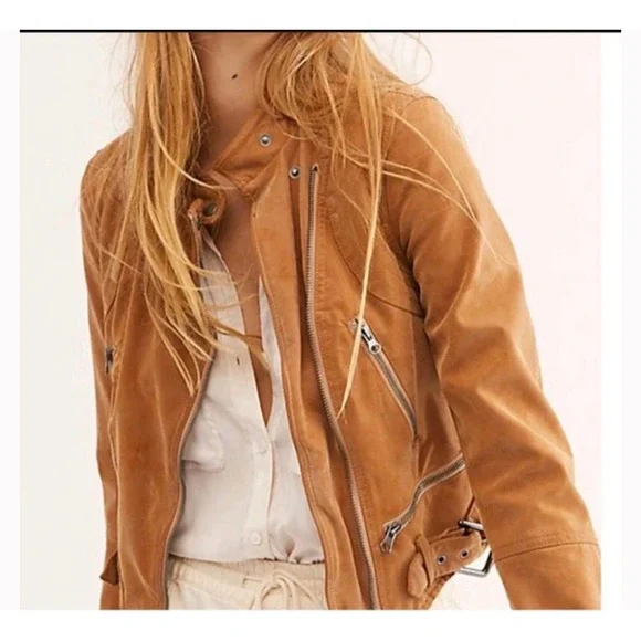 064 Free People We The Free Faux Leather Moto Jacket Camel Brown Quilted Zip Sm