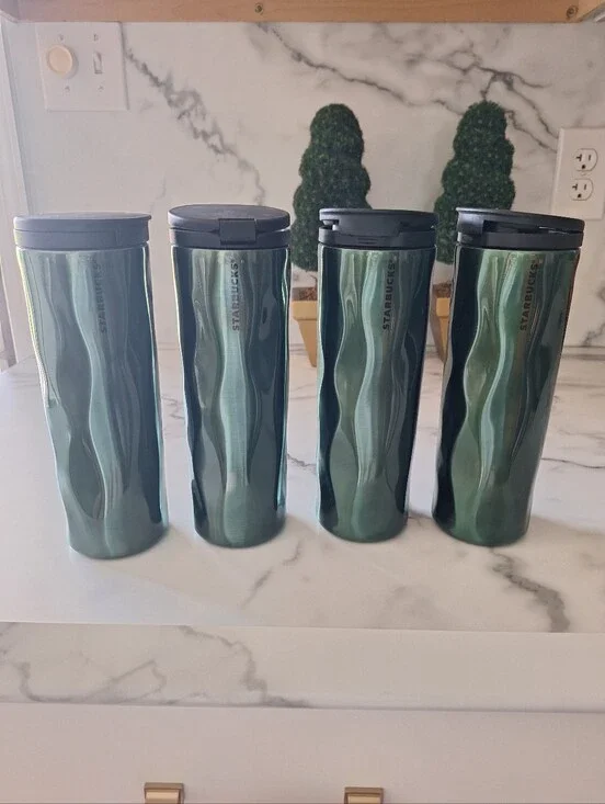 NWOT Lot Of 4 Starbucks Stainless Steel Travel Mug Tumblers Wavy Metallic Green