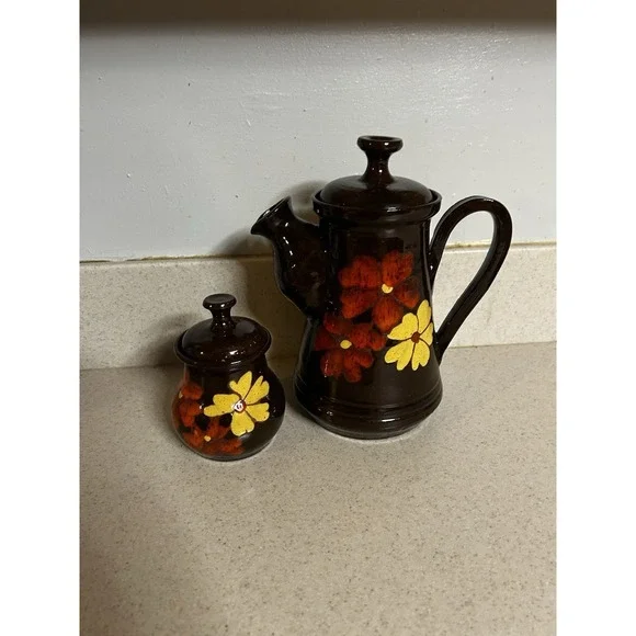 Vintage 70's Hand painted Tea/coffee Pot With Sugar Bowl Clay Glazed Flowers‎