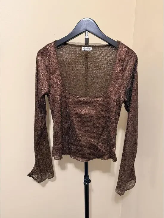 Free People Intimately Brown Metallic Sheer Knit Top Bell Sleeve Y2K Boho