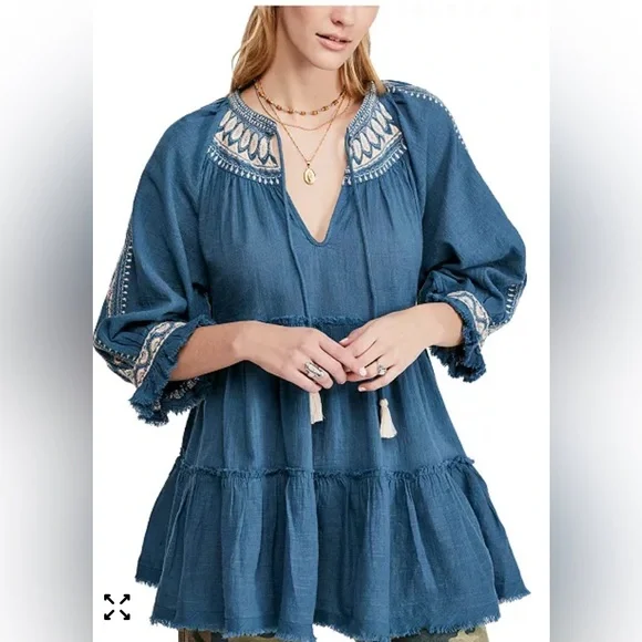 Free People Blue Embroidered Mini Dress