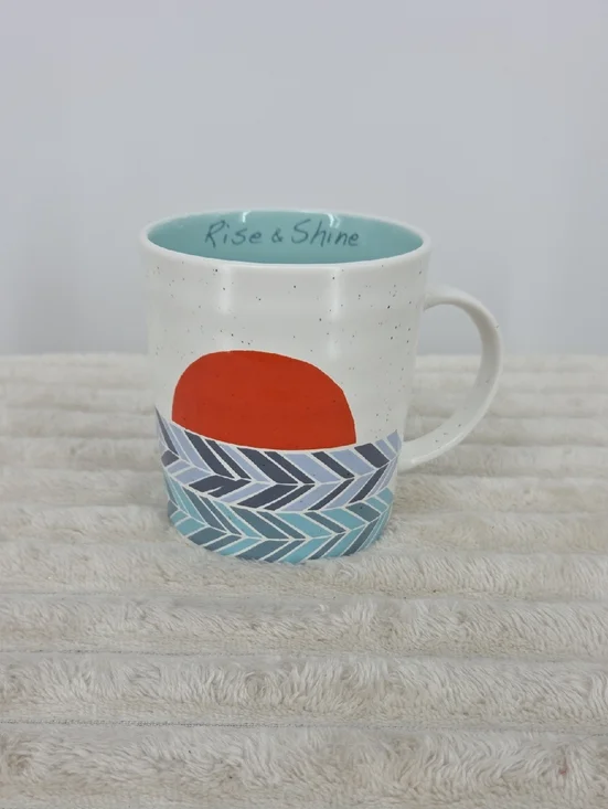 Rise & Shine Ceramic Coffee Mug - White with Orange & Blue Design