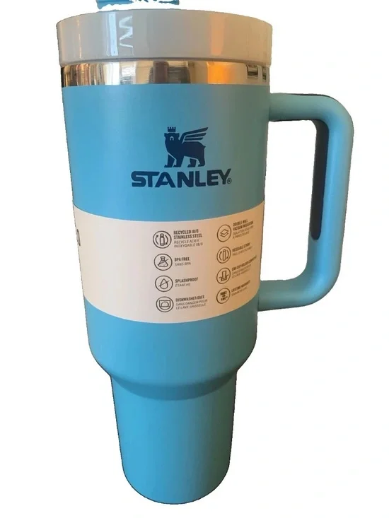 Stanley Light Blue and White Travel Mug with Handle