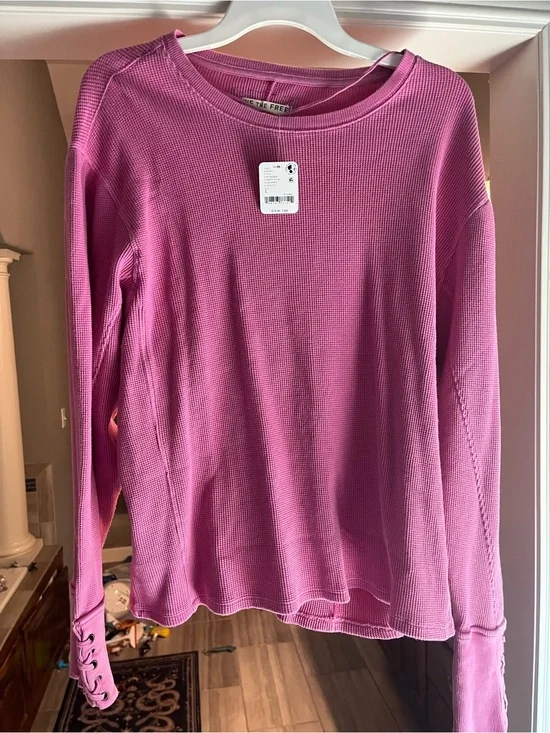 Free People we the free Waffle Knit Long Sleeve Top in Pink