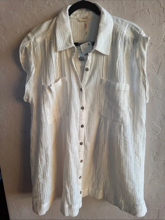 NWT Free People White Gauze Button Front Tunic Mini Dress Coastal Beach Cover Up