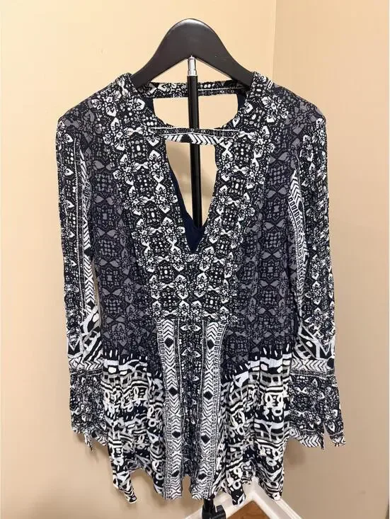 Free People Printed Open Back Romper Womens 6 Boho Festival Long Sleeve