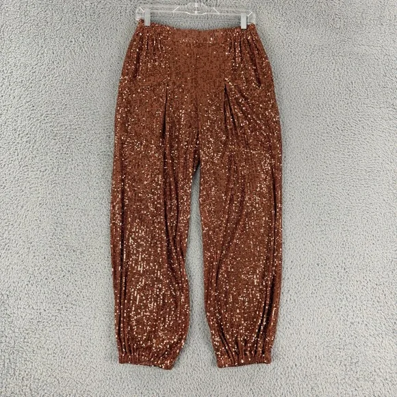 Free People Sequin Jogger Pants Womens Small Brown Copper High Rise Pleated Crop
