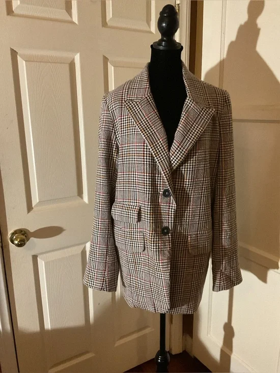 Free People Cream Blazer with Black Plaid Yoke and Red Accents size Large
