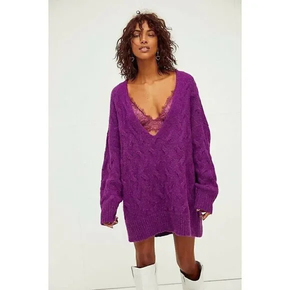 NEW FREE PEOPLE Sz XS JUNE CABLE V NECK SWEATER LONGLINE SLOUCHY KNIT TUNIC