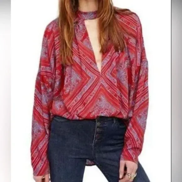 Free People Top Walking On A Dream Tunic Red Floral Choker Women’s Top Sz S