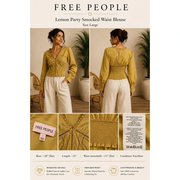 Free‎ People Lemon Party Smocked Waist Blouse Gold Cotton Lace Top Large