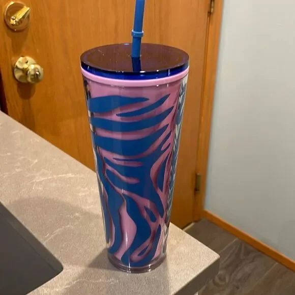 NWT Starbucks blue and pink zebra striped tumbler