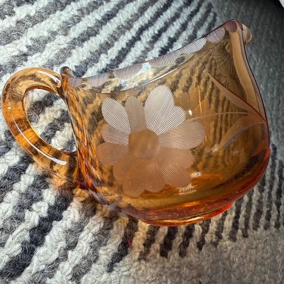 Vintage Etched Glass Creamer Pitcher Floral‎ Depression Style Cottagecore