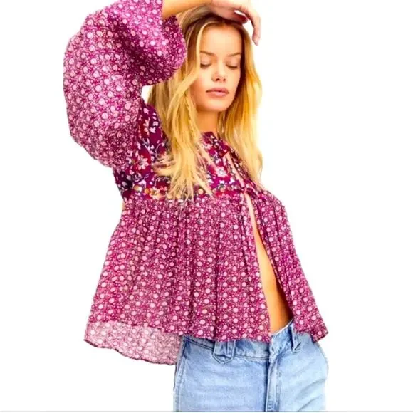 Free People Malia Babydoll floral jacket XS purple beaded studded tie front