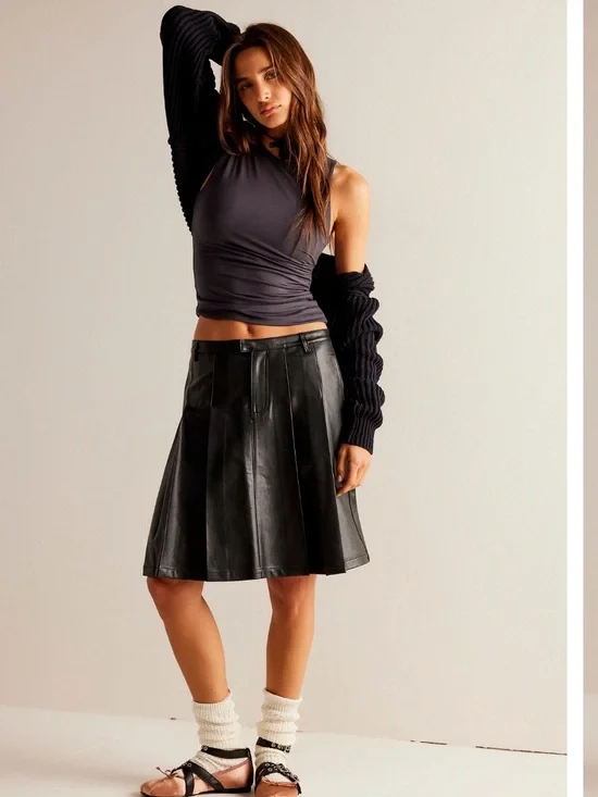 Free People Pleated Black Faux Leather A-Line Skirt 4