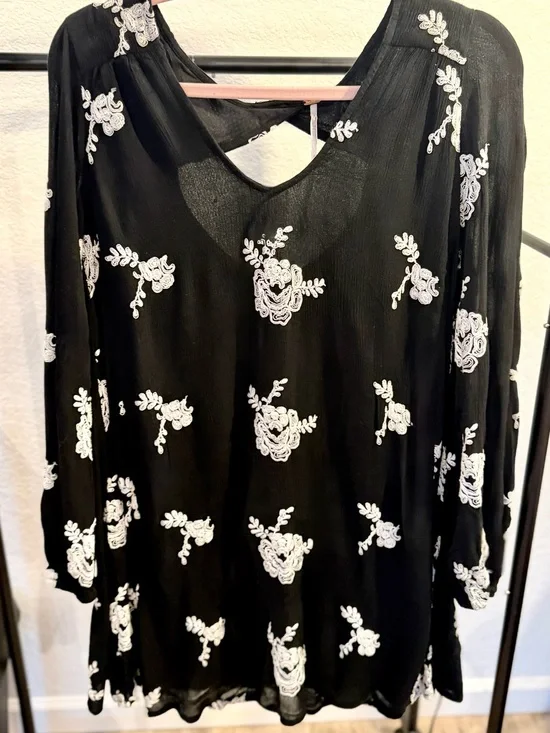 Free People Austin Mini Dress with White Floral Embroidery