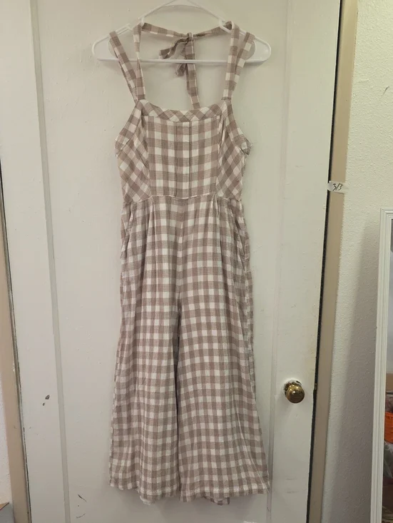 🌴Free People Zuzu Seersucker Cropped Wide Leg Jumpsuit Natural Motif Size 4