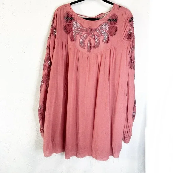 Free People Boho Lace Open Back Mini Dress Womens Size Small Flowy Pink Chic