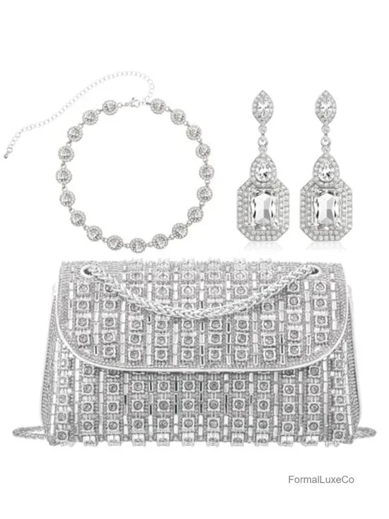 Rhinestone Clutch and Jewelry Set for Women Evening Wedding Formal