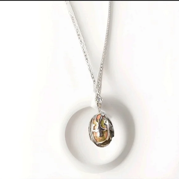Unakite Egg Pendant Necklace Stainless Steel 20 inch